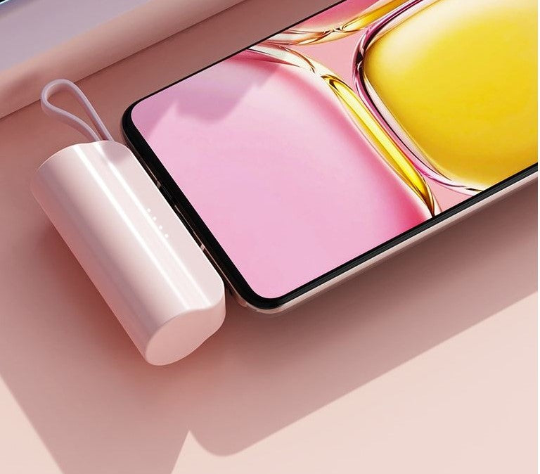 8000Mah Mini Power Bank With Lightning Pin And Type C Cable - Pink