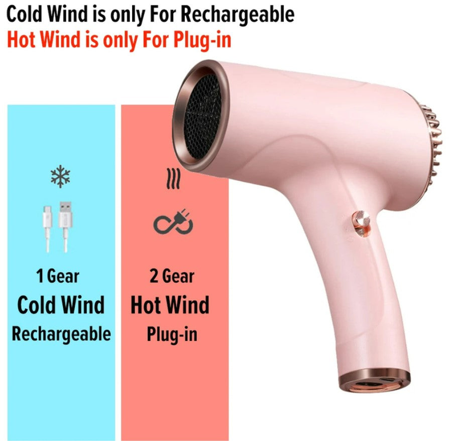 2600mAh Cordless Anion Blow Dryer Portable Hair Dryer 40/500W USB Rechargeable Powerful 2 Gears - Pink
