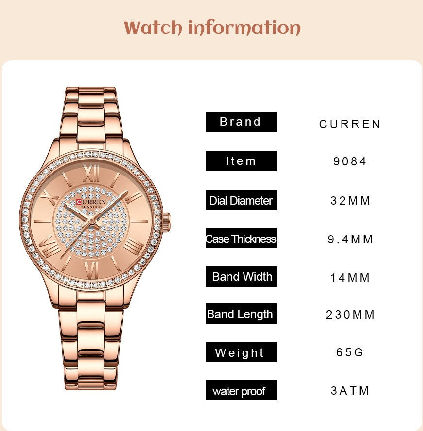 CURREN Ladies Watch Fashion Steel Band Watch - Rose Red_2