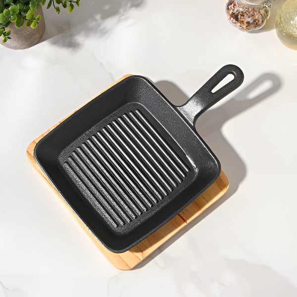 Cast Iron Pan Square Skillet Cast Iron Pan with Handle and Wooden Base Board