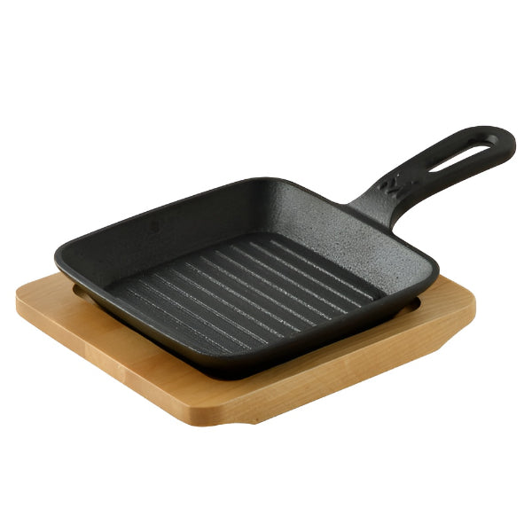 Cast Iron Pan Square Skillet Cast Iron Pan with Handle and Wooden Base Board