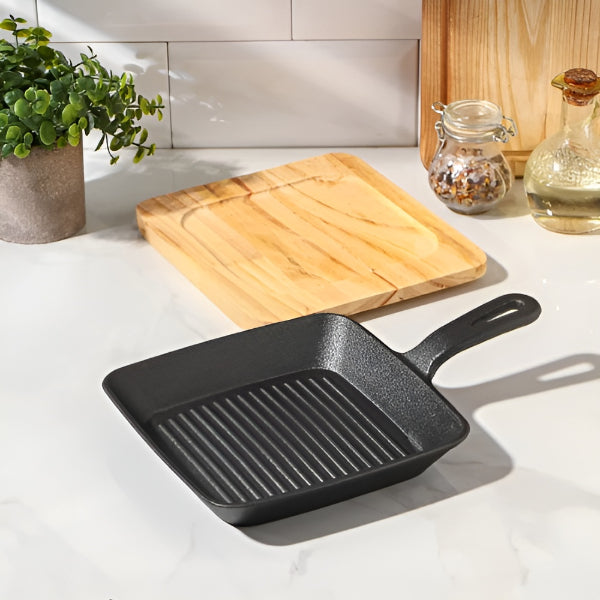 Cast Iron Pan Square Skillet Cast Iron Pan with Handle and Wooden Base Board