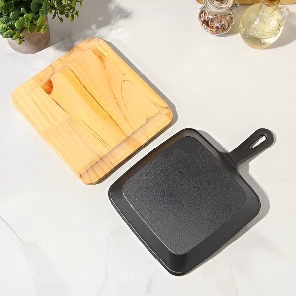 Cast Iron Pan Square Skillet Cast Iron Pan with Handle and Wooden Base Board