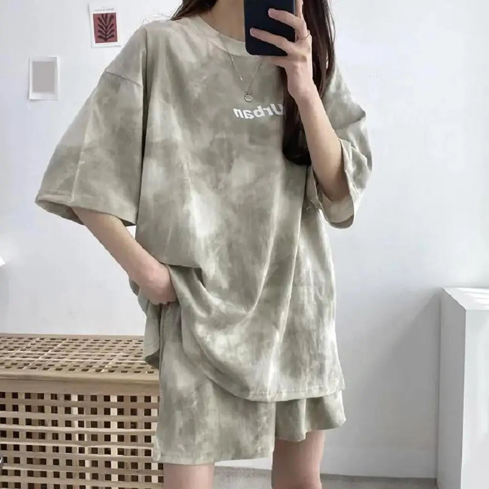 2 Pcs/Set Women T-shirt Shorts Set Tie-dye Loose Short Sleeves Loose Top Elastic Waist Mini Shorts Female Top Pants Set