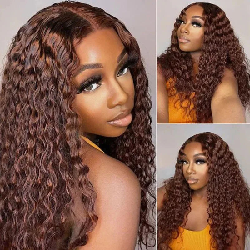 Brown Lace Front Wig Water Wave 100% Human Hair Wig For Women Curly Pre-plucked Transparent Lace Closure Wig BOBBI