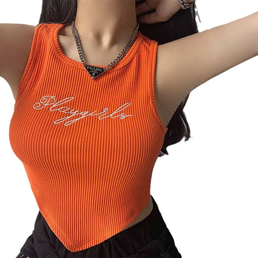 Embroidery Letter Slim Cropped Tank Tops Summer Lady O-Neck Sleeveless Y2K Sporty Gym Short Running Vests HDJ-571