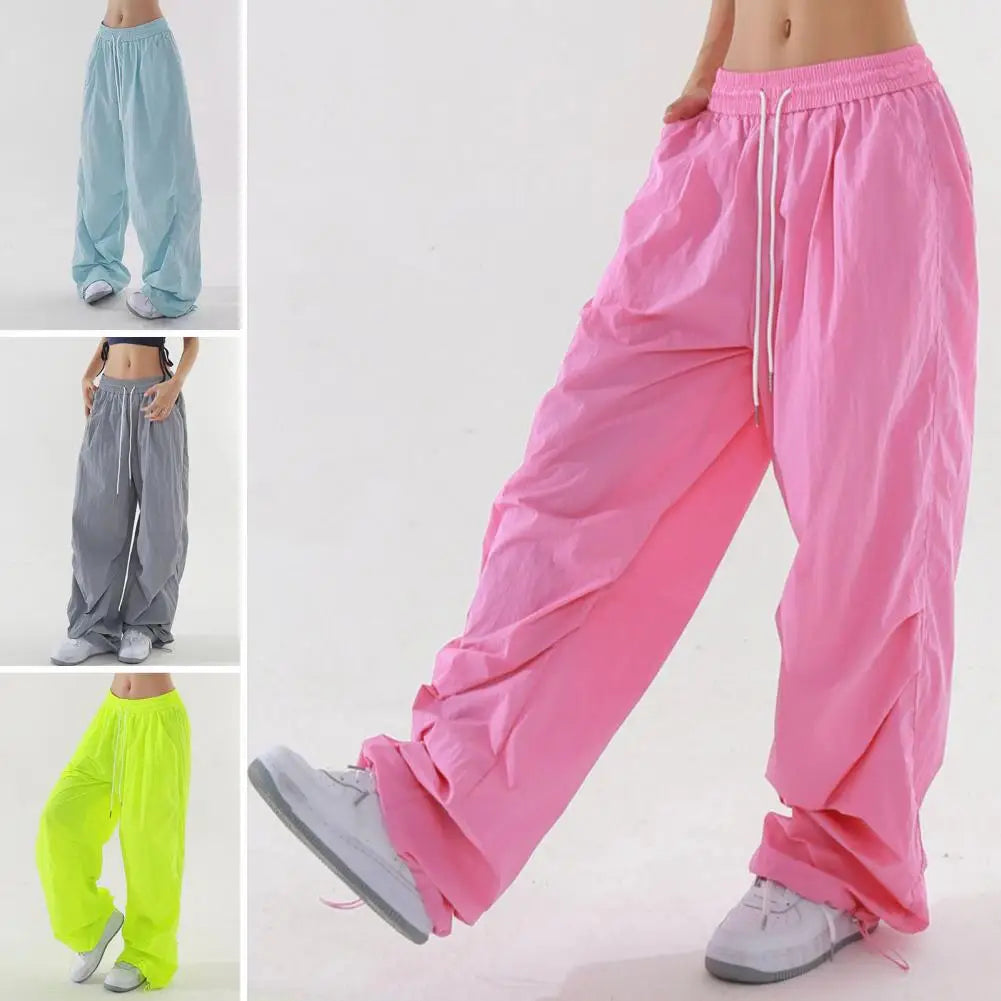 Women Sport Pants Elastic Waist Adjustable Drawstring Long Pants Solid Color Wide Leg Leisure Travel Cargo Trousers