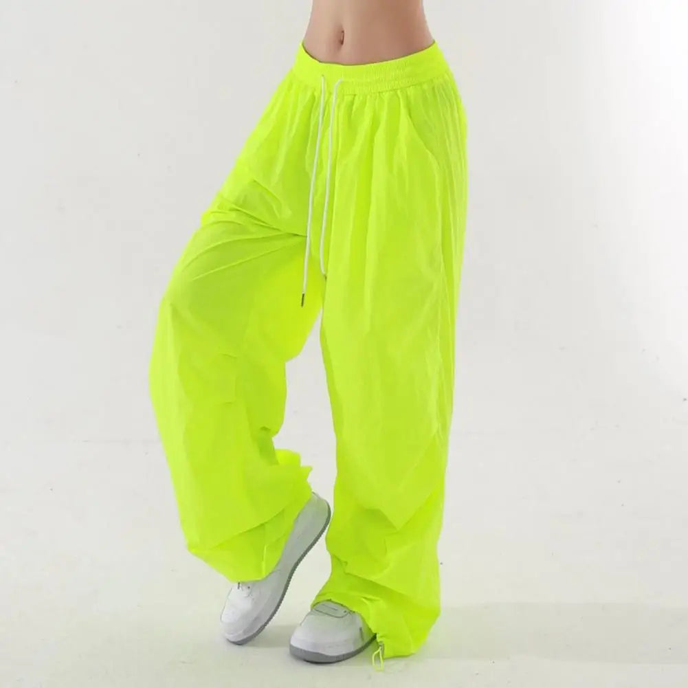 Women Sport Pants Elastic Waist Adjustable Drawstring Long Pants Solid Color Wide Leg Leisure Travel Cargo Trousers