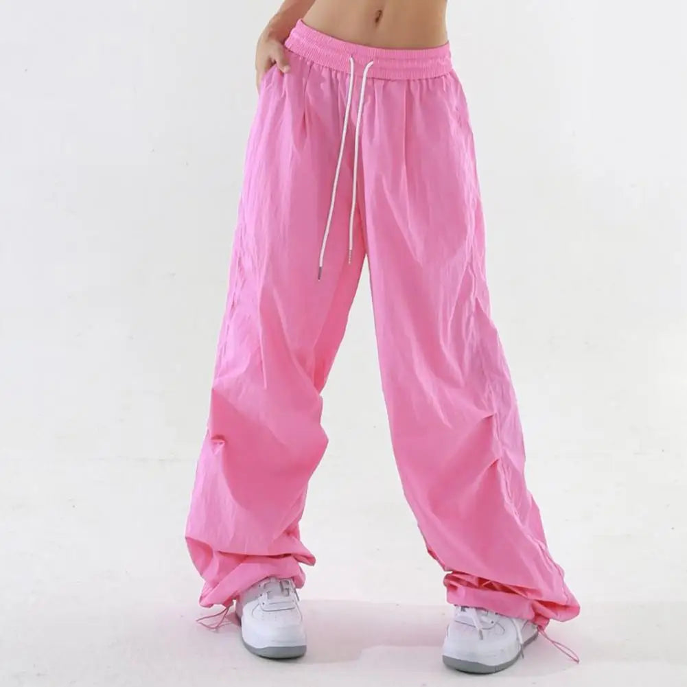 Women Sport Pants Elastic Waist Adjustable Drawstring Long Pants Solid Color Wide Leg Leisure Travel Cargo Trousers