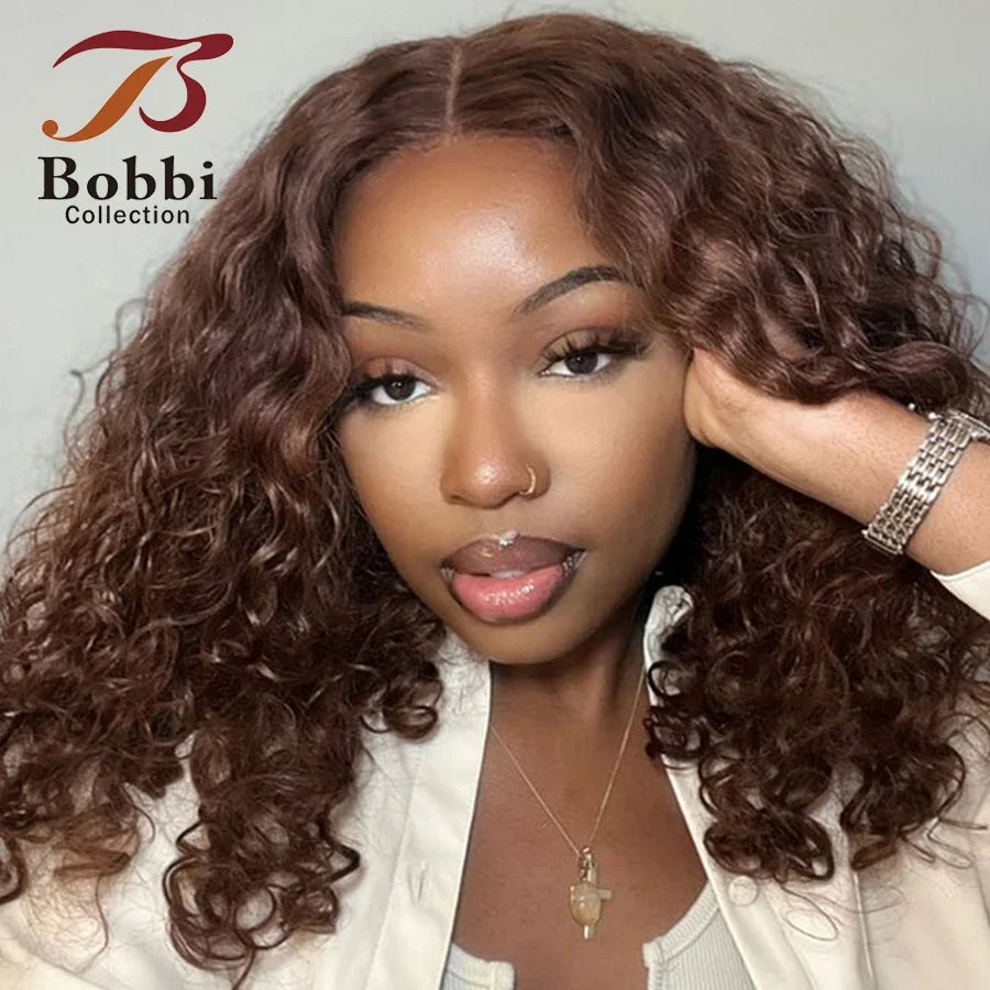 Brown Lace Front Wig Water Wave 100% Human Hair Wig For Women Curly Pre-plucked Transparent Lace Closure Wig BOBBI