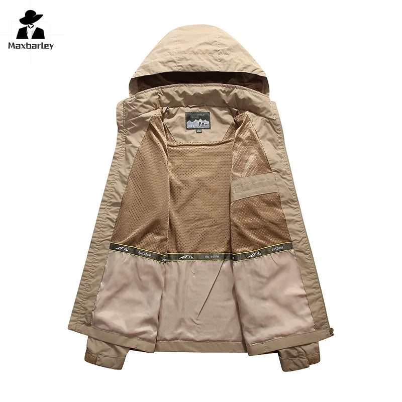 Spring Men Waterproof Jacket Plus Size Windbreaker Rain Coat Breathable Fishing Camping Gorpcore Hooded Jackets Male Clothing