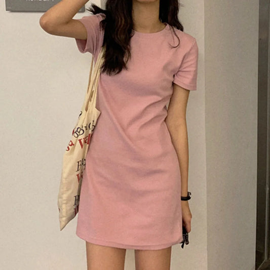 Summer Women T-shirt Dress Casual O-Neck Short Sleeve Solid Korean Slim Mini Vestidos CDPF-WYP-6624