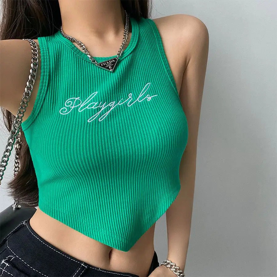 Embroidery Letter Slim Cropped Tank Tops Summer Lady O-Neck Sleeveless Y2K Sporty Gym Short Running Vests HDJ-571