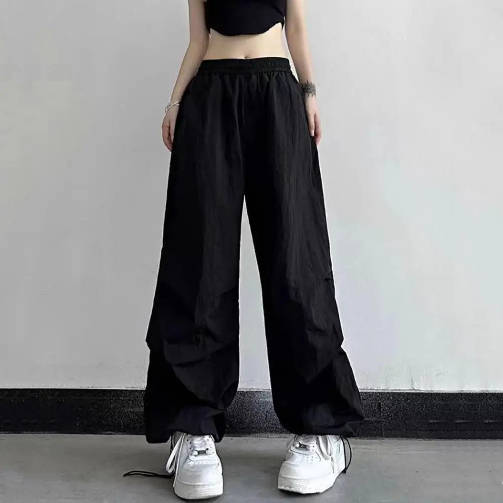 Women Sport Pants Elastic Waist Adjustable Drawstring Long Pants Solid Color Wide Leg Leisure Travel Cargo Trousers