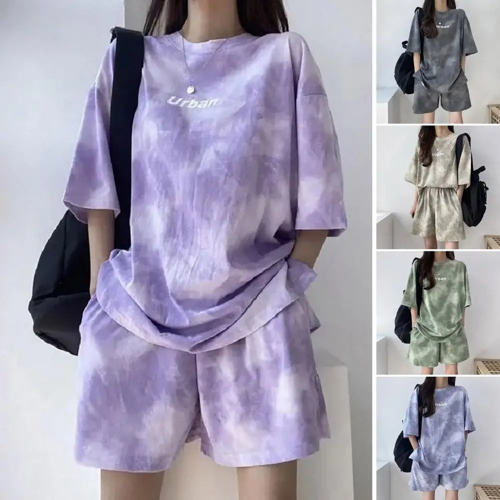 2 Pcs/Set Women T-shirt Shorts Set Tie-dye Loose Short Sleeves Loose Top Elastic Waist Mini Shorts Female Top Pants Set